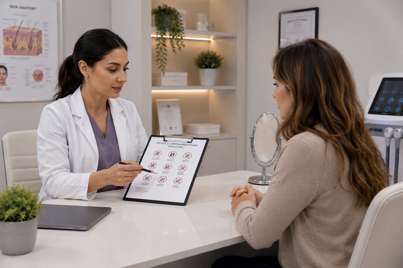 Practitioner explaining treatment contraindications and safety screening to a client
