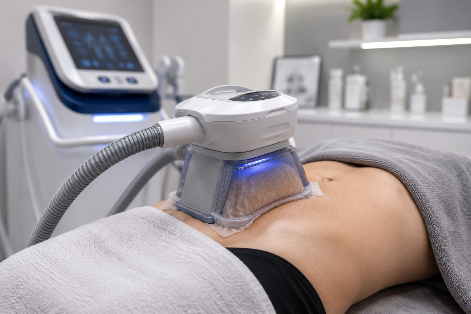 Cryolipolysis fat-freezing applicator treating a client's abdomen at Lipo Freeze