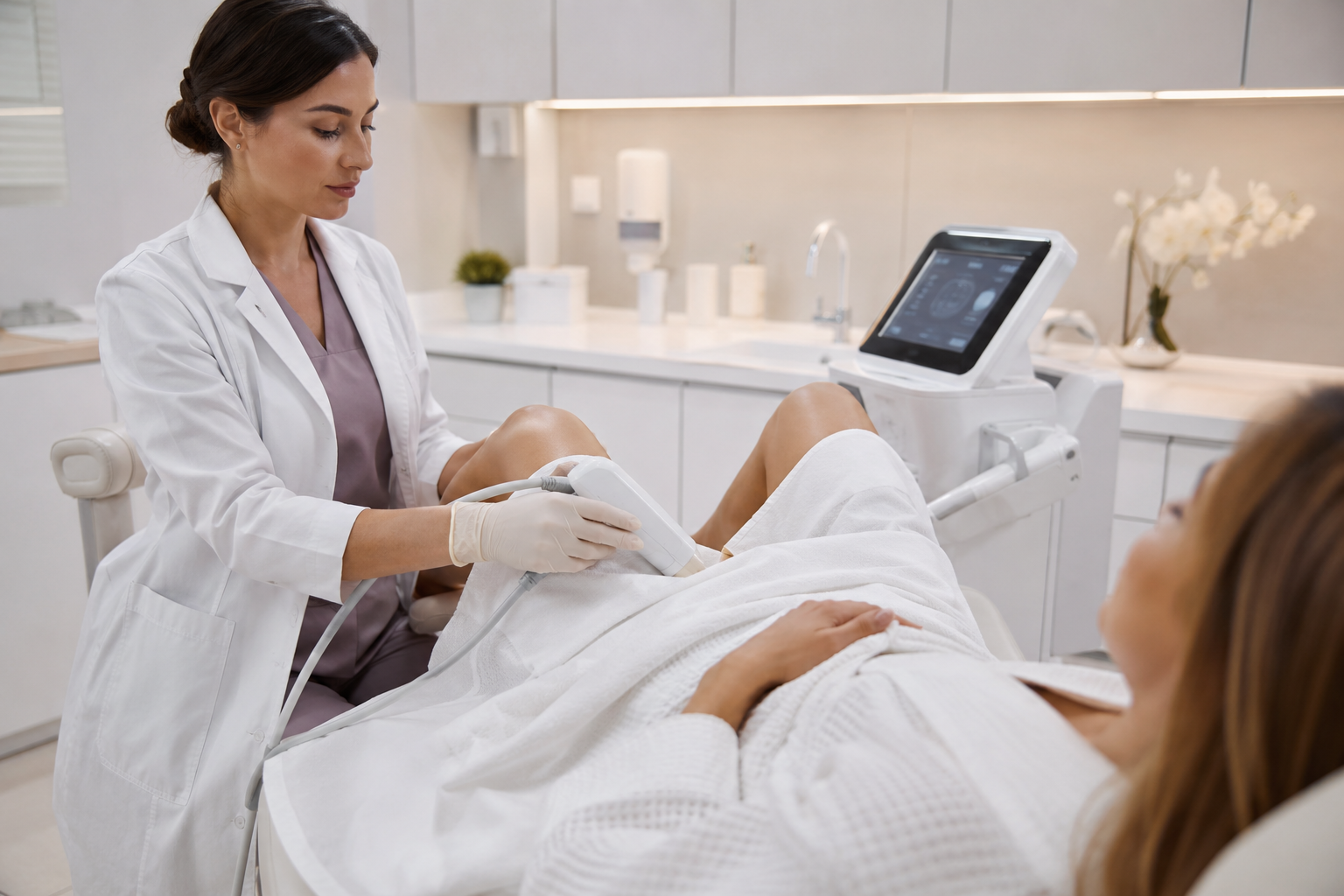 Practitioner performing a confidential HIFU vaginal tightening treatment